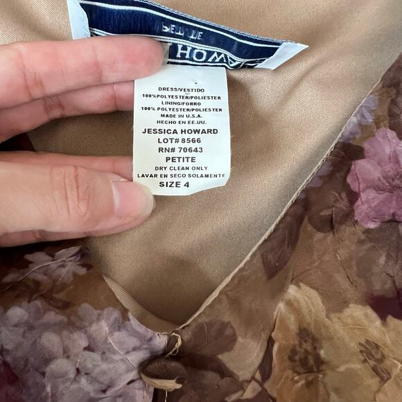 Jessica Howard Petite Floral Chiffon Midi Dress Brown Purple Overlay 90s‎ Mom - Picture 9 of 13